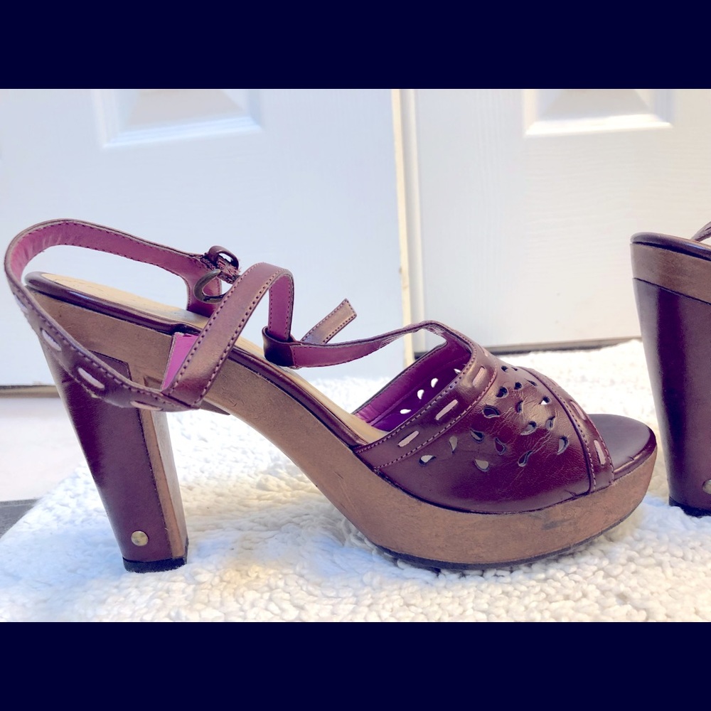 Platform wood sole heels ankle wrap leather upper
